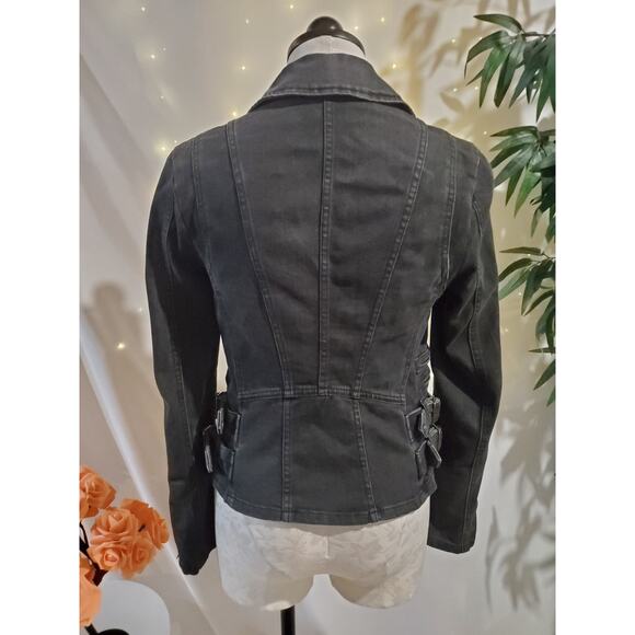 Free People Womens Buckle Strap Denim Moto Jacket Size 0 Black Fade Baddie Punk - Picture 5 of 12